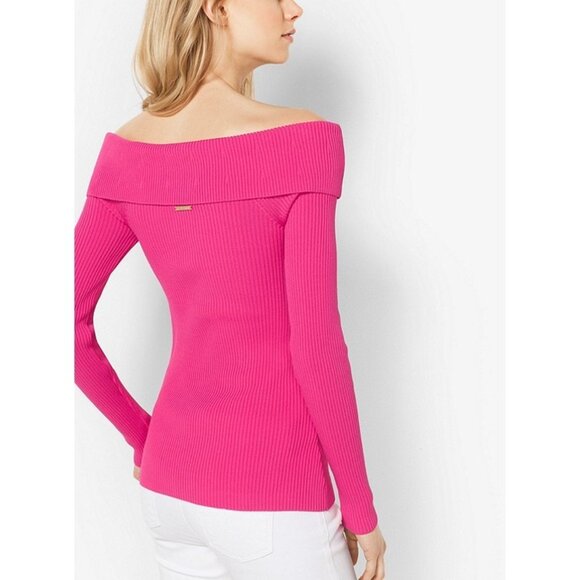 Michael Kors Ribbed Off the Shoulder Top Electric Pink Size S Knit Sweater - Picture 2 of 9